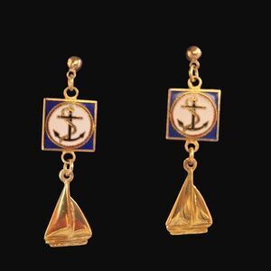 Vintage Nautical Drop Earrings Anchor Sailboat Enamel Gold Tone 1.5" Drop in Box